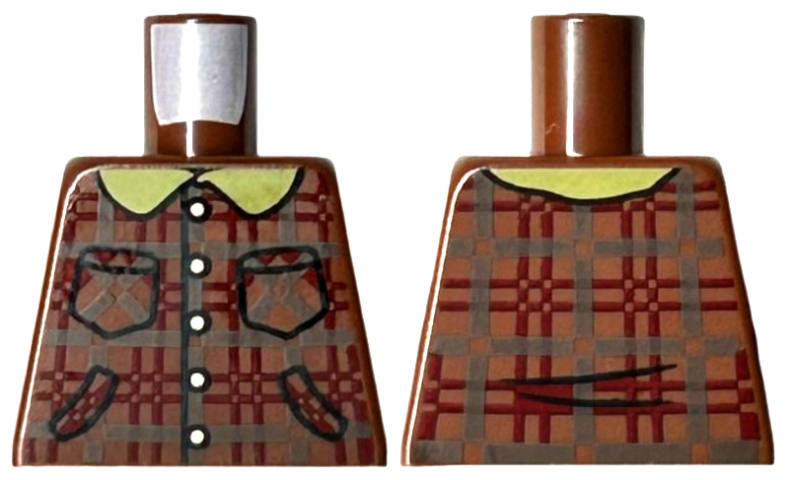 Lego Torso Plaid Jacket with Dark Brown and Dark Red Lines, Silver Buttons, Yellow Collar, and Pockets Pattern / Reddish Brown