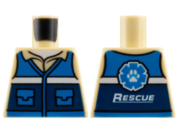 Lego Torso Blue and Dark Blue Vest with Pockets and White Stripe over Shirt with Collar, Undershirt, Paw Print Logo and 'RESCUE' on Back Pattern / Tan