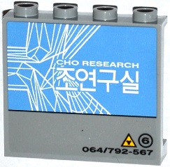 Lego Panel 1 x 4 x 3 with Side Supports - Hollow Studs with 'CHO RESEARCH' and '064/792-567' Pattern Model Right Side (Sticker) - Set 76032 / Light Bluish Gray
