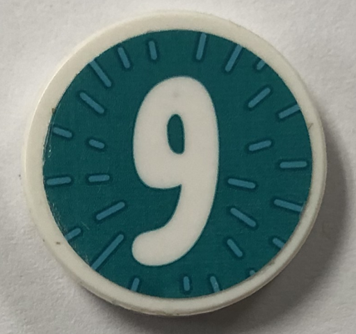 Lego Tile, Round 2 x 2 with Bottom Stud Holder with Number 9 on Dark Turquoise Background Pattern (Sticker) - Set 41926 / White