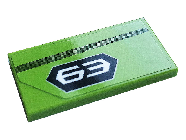 Lego Tile 2 x 4 with Gray Stripe and White '63' on Black Background Pattern Model Left Side (Sticker) - Set 76899