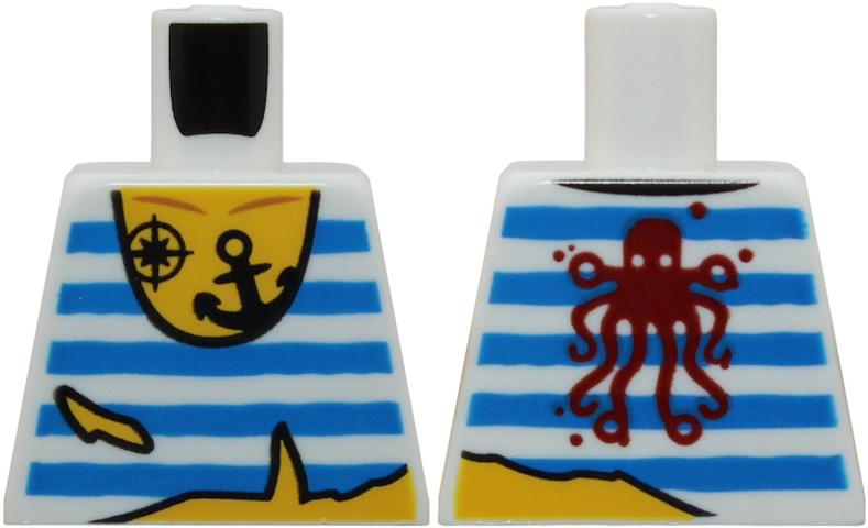 Lego Torso Pirate Tank Top with Tattered Hem and Blue Horizontal Stripes, Black Compass and Anchor Tattoo, Dark Red Octopus on Back Pattern / White