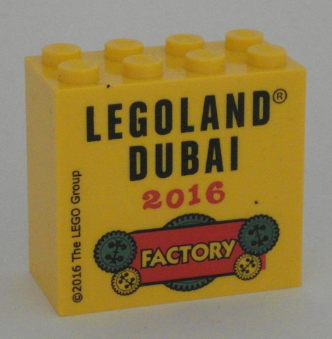 Lego Brick 2 x 4 x 3 with LEGOLAND Dubai 2016 Factory Pattern / Yellow