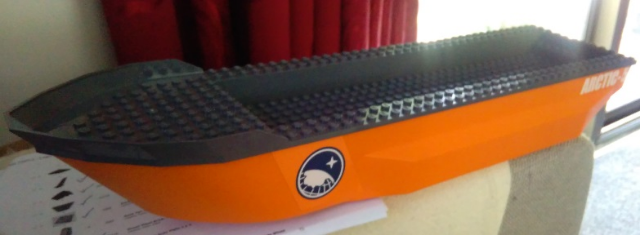 Lego Boat, Hull Unitary 51 x 12 x 6 with Side Bulges with Dark Bluish Gray Top with 'ARCTIC-5' Pattern on 3 Sides (Stickers) - Set 60062
