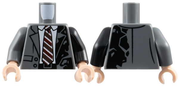 Lego Torso Suit Jacket Open with Pockets, Buttons and Burned Left Side over White Shirt, Tie with Dark Red and Dark Brown Stripes, Black Belt Pattern / Black Arm Left / Dark Bluish Gray Arm Right / Light Nougat Hands