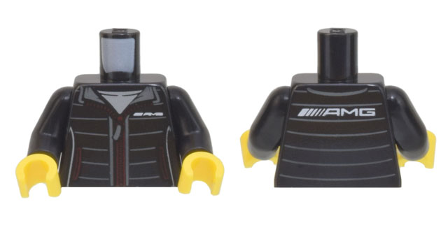 Lego Torso Jacket with Red Zipper and Pockets, Dark Bluish Gray Stripes, White 'AMG' Logo Pattern / Black Arms / Yellow Hands