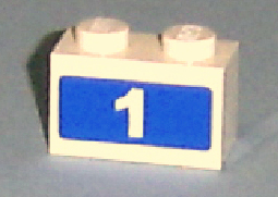 Lego Brick 1 x 2 with White '1' on Blue Background Pattern (Sticker) - Set 7641 / White