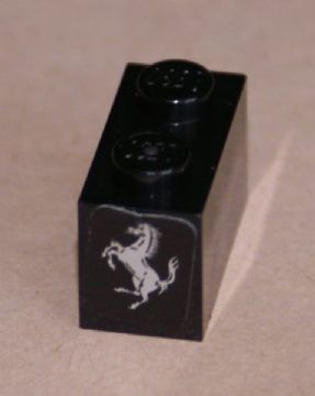 Lego Brick 1 x 2 with Ferrari Logo, Silver Horse Pattern on End (Sticker) - Set 8653 / Black