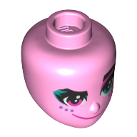Lego Minidoll Head, Purple Eyes, Dark Azure Eye Shadow, 3 Freckles, Smirk/Mean / Bright Pink