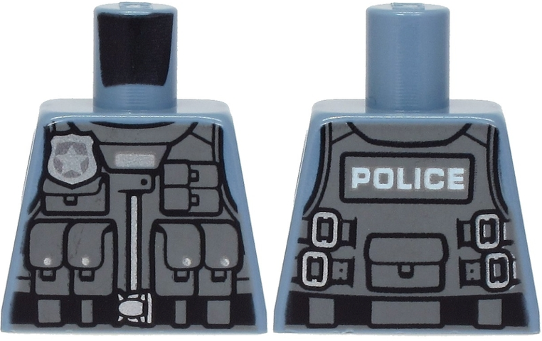 Lego Torso Police with Silver Badge, Black Belt, Gray Safety Vest with Pockets, 'POLICE' on Back Pattern / Sand Blue