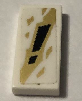 Lego Tile 1 x 2 with Black Exclamation Mark on Gold and White Background Pattern (Sticker) - Set 70670 / White