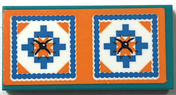 Lego Tile 2 x 4 with Cushion with Stars, Dark Azure T-Shapes and Black Buttons on Orange and White Background Pattern (Sticker) - Set 41702