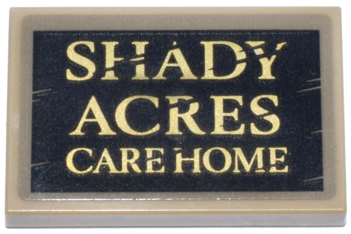 Lego Tile 2 x 3 with Black Sign with Gold Scratched  'SHADY ACRES CARE HOME' Pattern (Sticker) - Set 76218 / Dark Tan