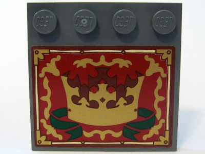 Lego Tile, Modified 4 x 4 with Studs on Edge with Gold Crown and Border, Dark Green Ribbon Pattern (Sticker) - Set 10193