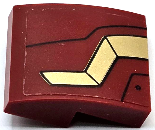 Lego Slope, Curved 2 x 2 x 2/3 with Gold Iron Man Hulkbuster Armor Plates with Black Lines Pattern Side A (Sticker) - Set 76105 / Dark Red