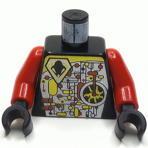 Lego Torso UFO Circuitry with Red Lever Print, Red Arms, Black Hands / Black