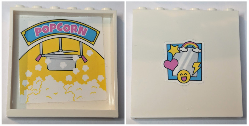 Lego Panel 1 x 6 x 5 with Medium Azure and Yellow Sign with Dark Pink 'POPCORN' and Pan on Inside, Mirror with Emojis, Heart, Star and Rainbow on Outside Pattern (Sticker) - Set 41456 / White