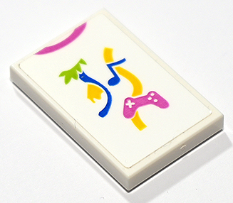 Lego Tile 2 x 3 with T-Shirt Design with Wavy Lines, Dark Pink Collar and Game Controller, Lime Leaf and Blue Music Note Pattern (Sticker) - Set 41748 / White
