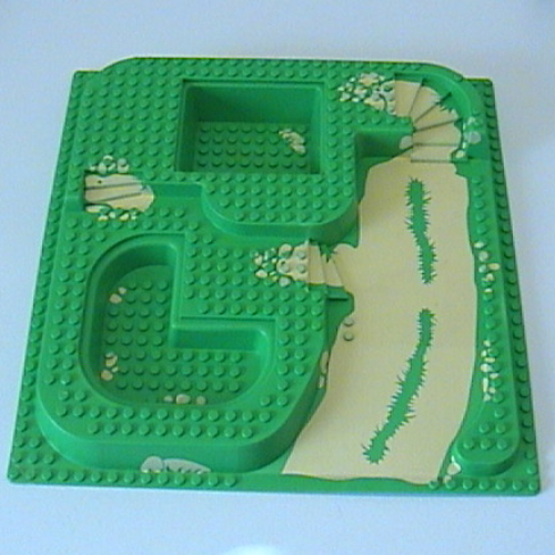 Lego Baseplate Raised 32 x 32 with Ramp, Stairs, and Two Pits with Yellow Dirt Print / Bright Green