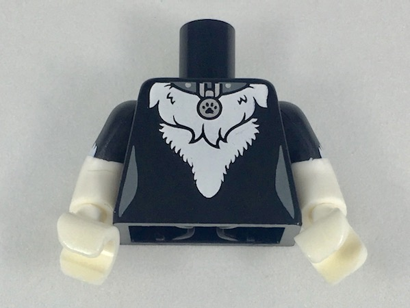 Lego Torso Female with Silver Pet Tag and White Stomach Fur Pattern / White Arms with Black Short Sleeves with White Fur Fringe Pattern / White Hands