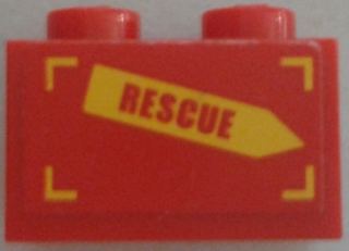 Lego Brick 1 x 2 with 'RESCUE' on Yellow Arrow Pattern Model Right Side (Sticker) - Set 60010 / Red