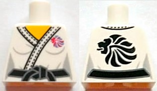 Lego Torso Female Judo Uniform Jacket with Stitching on Hem and Blue and Red Team GB Logo, Black Belt with Knot, Yellow Neck, Lion Head on Back Pattern / White