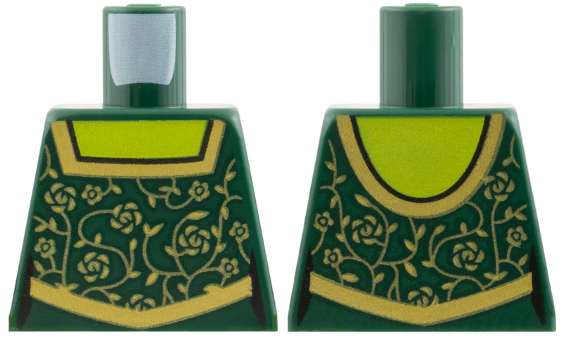 Lego Torso Dress, Lime Neck, Gold Borders and Roses and Stems Pattern / Dark Green