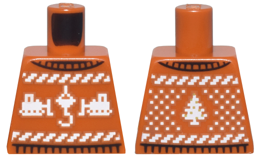 Lego Torso Knit Fair Isle Holiday Sweater with White Construction Crane Hook, Bulldozers, and Christmas Tree Pattern / Dark Orange
