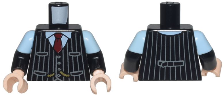 Lego Torso Vest with Buttons, Pockets, and Dark Bluish Gray Pinstripes over Bright Light Blue Shirt, Gold Chains, Dark Red Tie Pattern / Black Arms with Molded Bright Light Blue Short Sleeves Pattern / Light Nougat Hands