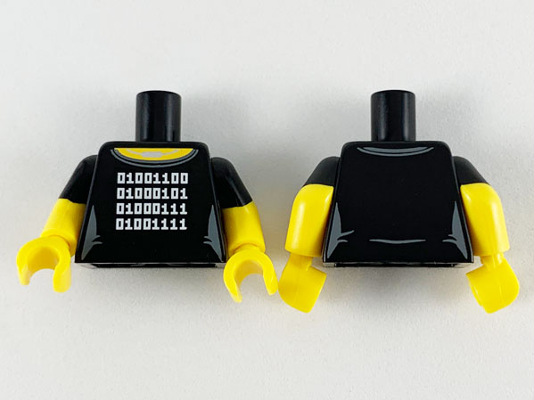 Lego Torso Female Yellow Neck, Silver Necklace and 4 Rows of White Binary Code Logogram (LEGO) Pattern / Yellow Arms with Molded Black Short Sleeves Pattern / Yellow Hands