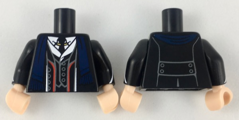Lego Torso Suit Jacket, Vest and Tie, Red Trim, Dark Blue Scarf Pattern / Black Arms with White Lines Pattern / Light Nougat Hands