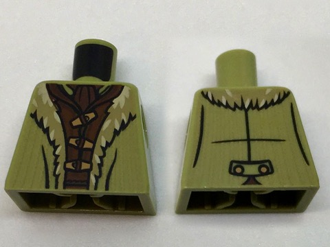 Lego Torso LotR Coat with Tan Fur Lining over Reddish Brown Shirt Pattern / Olive Green