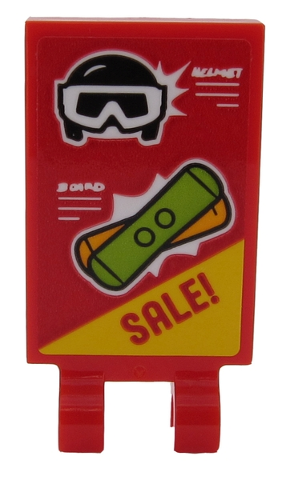 Lego Tile, Modified 2 x 3 with 2 Clips with 'SALE!', Ski Helmet and Snowboards Pattern (Sticker) - Set 60203 / Red