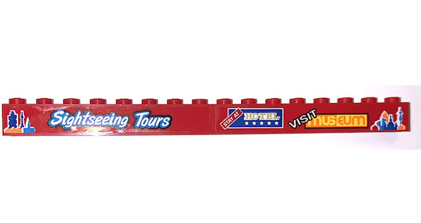 Lego Brick 1 x 16 with 'STAY AT HOTEL', 'VISIT MUSEUM' and 'Sightseeing Tours' Pattern Model Left Side (Stickers) - Set 60200 / Red
