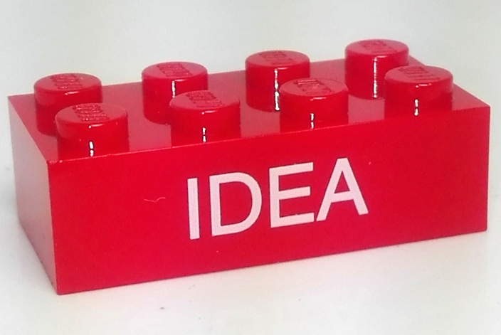 Lego Brick 2 x 4 with White 'IDEA' Pattern / Red