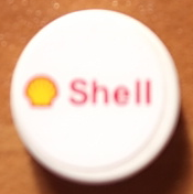 Lego Tile, Round 2 x 2 with Shell Logo Pattern (Sticker) - Set 8144 / White