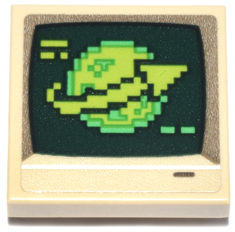 Lego Tile, Modified 2 x 2 Inverted with Computer Monitor, Dark Green Screen, Lime and Bright Green Pixelated Planet and Arrow Pattern (Sticker) - Set 21355