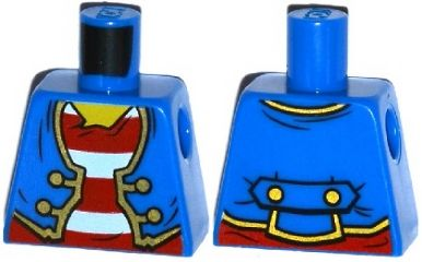 Lego Torso Pirate Jacket Open with Gold Trim over Shirt with Red and White Horizontal Stripes, Yellow Neck Pattern / Blue
