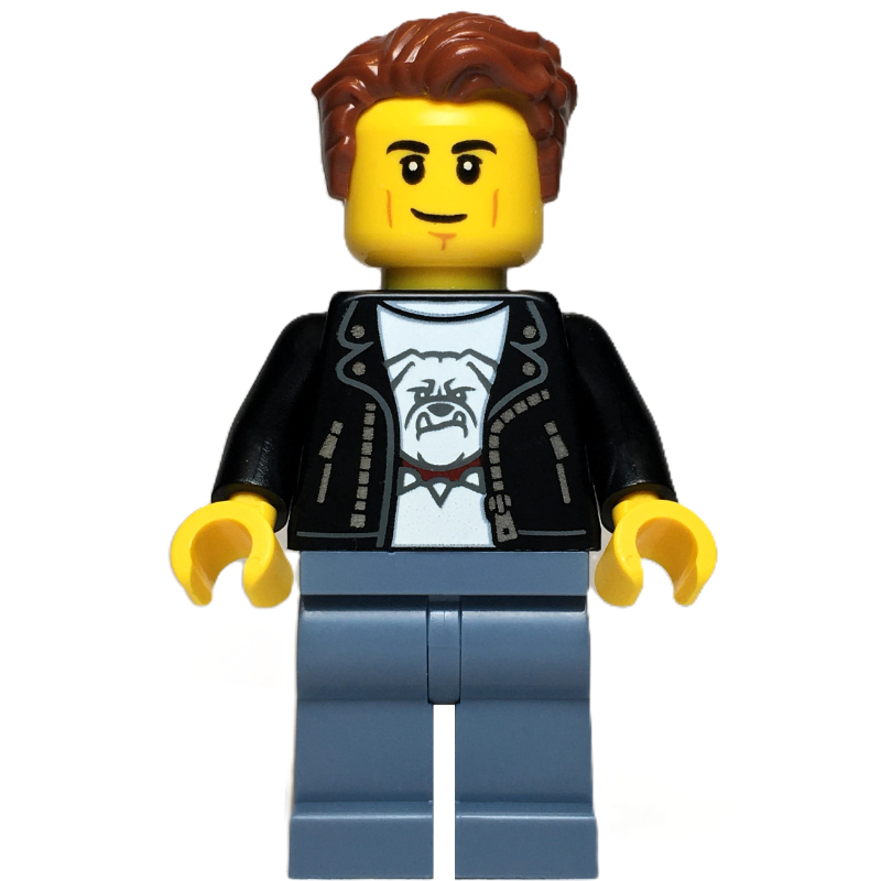 Lego Man, Black Leather Jacket, Sand Blue Legs, Reddish Brown Hair