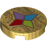 Lego Tile Round 2 x 2 with Bottom Stud Holder with Four Crystals Print / Pearl Gold