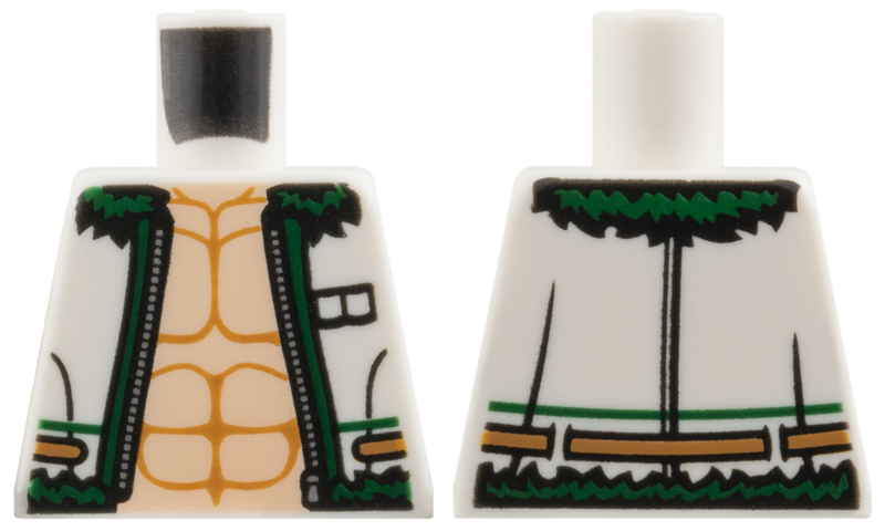 Lego Torso Jacket with Dark Green Fur Lining, Silver Zipper, Light Nougat Bare Chest, Medium Nougat Muscle Contours Pattern / White