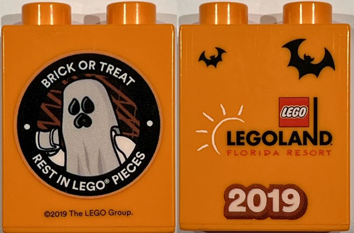 Lego Duplo, Brick 1 x 2 x 2 with Brick Or Treat Rest in LEGO Pieces LEGOLAND Florida Resort 2019, Ghost Minifigure Pattern / Orange