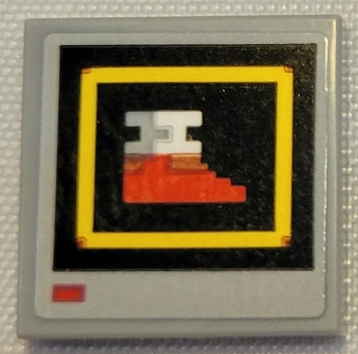 Lego Tile 2 x 2 with Pixelated Red Shoe in Yellow Square on Black Background Pattern (Sticker) - Set 21331 (Sonic the Hedgehog Power Sneakers Video Monitor) / Light Bluish Gray