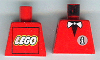 Lego Torso Vest with White Lowercase Letter i on Light Gray Circle Infomaniac Logo over Black Shirt, Bow Tie, LEGO Logo on Back Pattern / Red