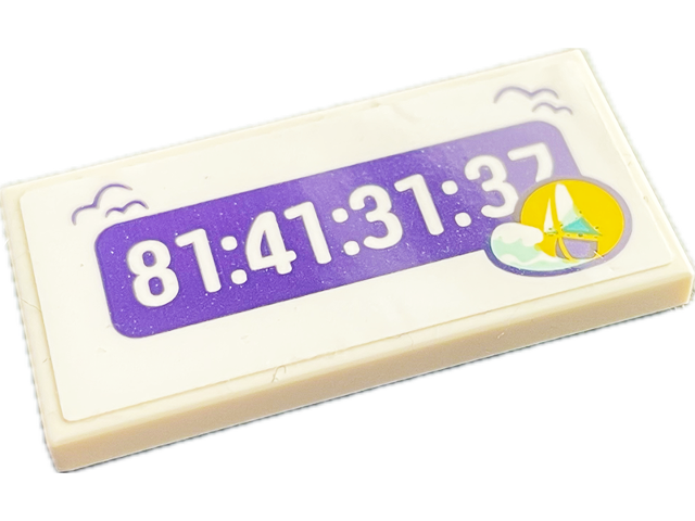 Lego Tile 2 x 4 with Sailing Boat in Yellow Circle, Light Aqua Wave and '81:41:31:37' on Dark Purple Background Pattern (Sticker) - Set 41716 / White