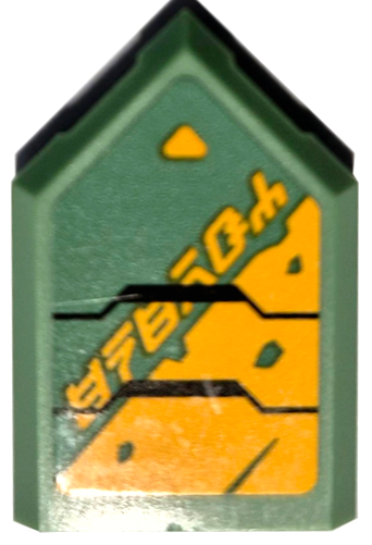 Lego Tile, Modified 2 x 3 Pentagonal with Armor Plates with Black Outlines, Bright Light Orange Triangles and Ninjago Logogram 'ENERGY' Pattern Model Left Side (Sticker) - Set 71750