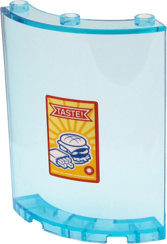 Lego Cylinder Quarter 4 x 4 x 6 with 'TASTE!', White Hamburger and French Fries Sign Pattern (Sticker) - Set 60271 / Trans-Light Blue