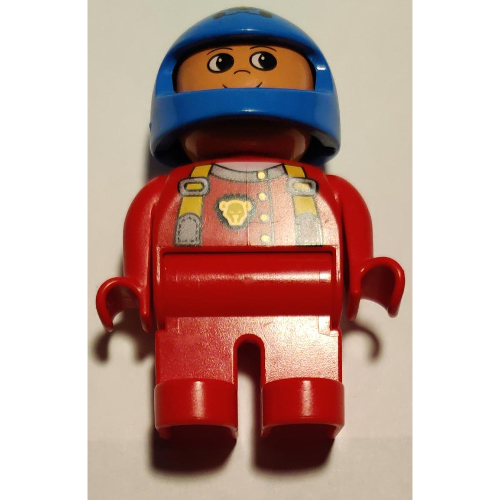 Lego Duplo Figure, Early, Helmet Blue, Red Legs, Red Top with Cat Eye Racer Logo Print / Red