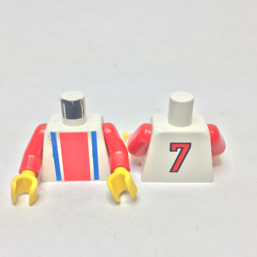 Lego Torso Soccer Shirt, Vertical Striped Red/Blue / '7' Back Print, Red Arms, Yellow Hands
