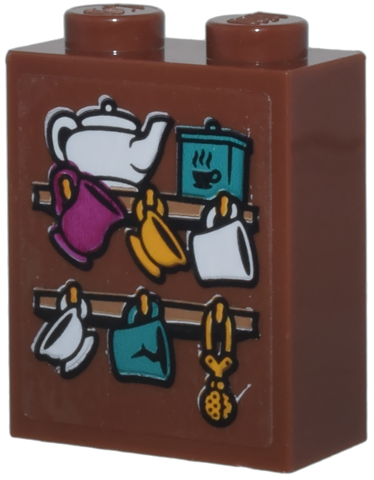 Lego Brick 1 x 2 x 2 with Inside Stud Holder with White Teapot, Dark Turquoise Canister, Magenta and Bright Light Orange Cups Pattern (Sticker) - Set 76437